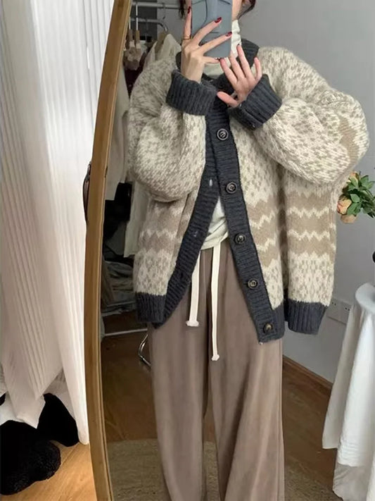Vintage Jacquard Button Knitted Women Sweater Fashion Office Lady Style Warm Sweater Cardigan Sweet Girls Retro Knitwear