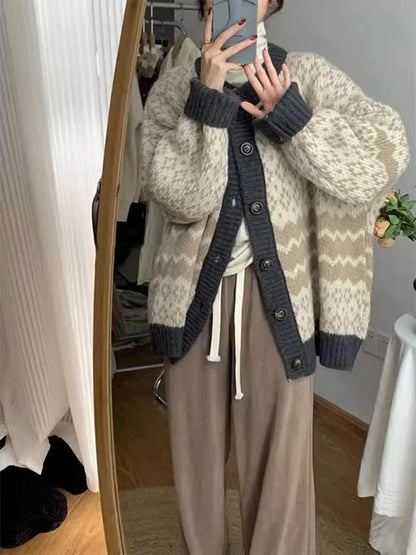Vintage Jacquard Button Knitted Women Sweater Fashion Office Lady Style Warm Sweater Cardigan Sweet Girls Retro Knitwear