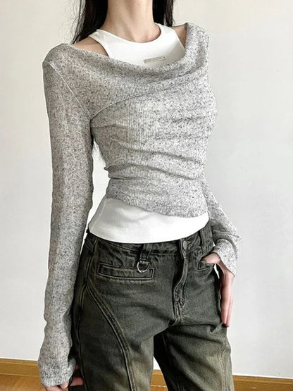 HOUZHOU Two Pieces Set Women Long Sleeve T-shirts Grunge Y2k Aesthetic Vintage Streetwear Solid Crop Top+Bottoming Tanks Fashion