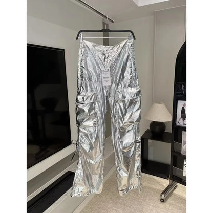 Silver Y2k Women's Pants Cargo 2024 Baggy Trousers Loose Oversize Vintage Streetwear Trendy Casual Stylish Chic Classic Mid Wasi