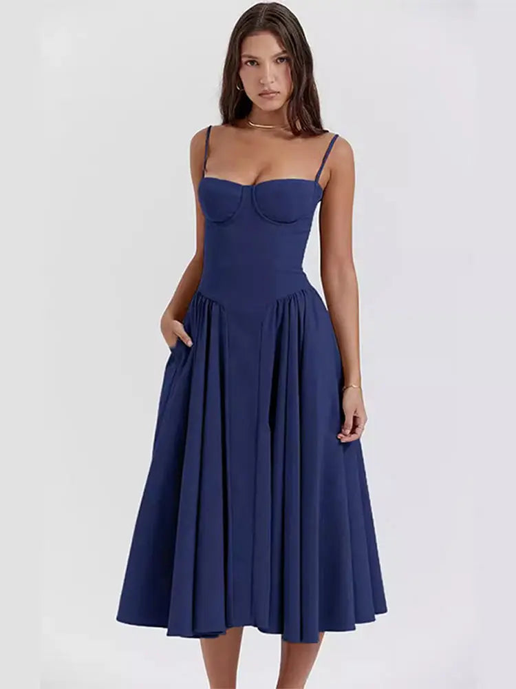 qgtao Sexy Solid Pleated Hem Sling Dress Women Fashion Midi Sleeveless Backless Dresses Female 2024 Summer Party Evening A-line Robes