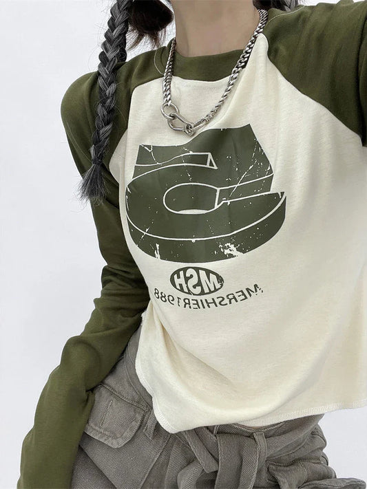 qgtao Y2K Patchwork Tshirts Women Vintage Letter Crop Tops Female O Neck Long Sleeve Top Ladies Fashion Casual Slim Tees Spring Autumn