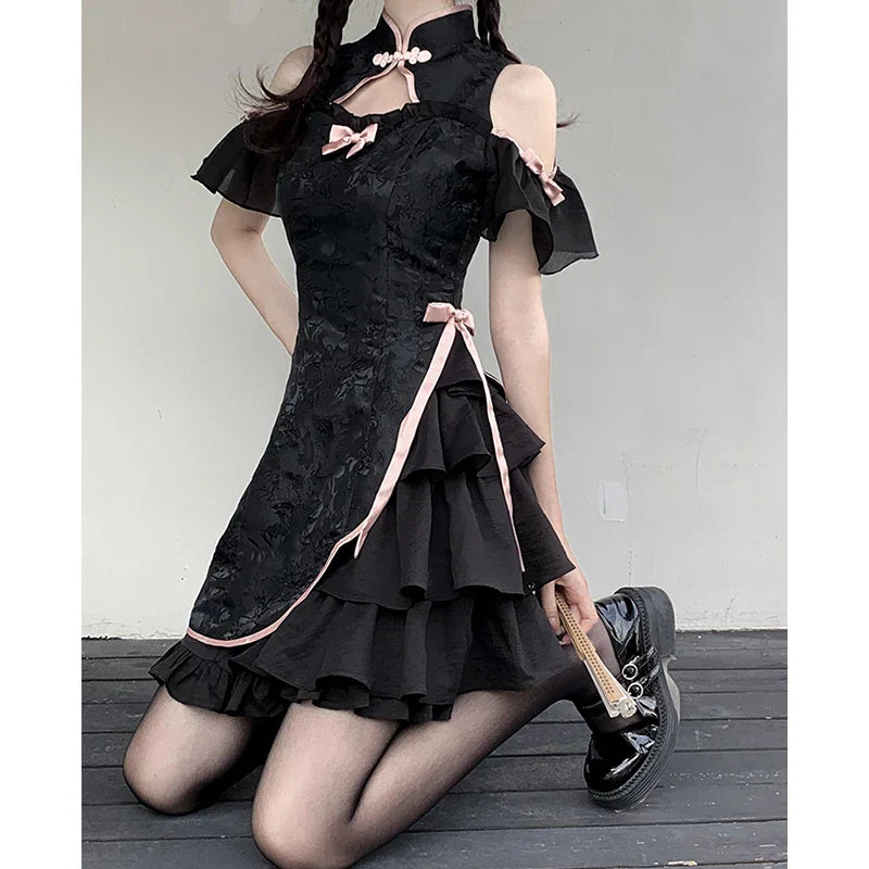 qgtao Vintage Chinese Style Cheongsam High Split Mini Dress 2024 Tie Dye Gothic Women Aesthetic Bandage Dresses Y2k Sexy Bodycon Robe