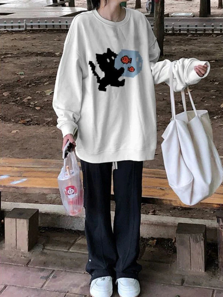 HOUZHOU Kawaii Y2K Grey Crewneck Sweatshirts Women Japanese 2000s Style Cute Long Sleeve Hoodies Harajuku Cotton Tops Winter