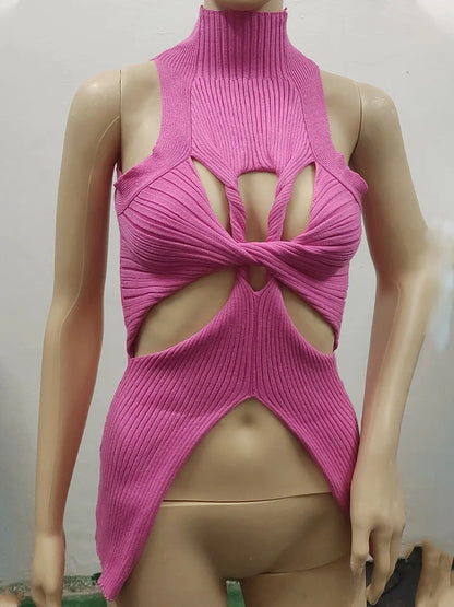 qgtao Sexy Crop Top Women T shirt Summer Cut Out Vest Round Collar Sleeveless Solid Knitting Tank Tops  Hollow Out Street wear