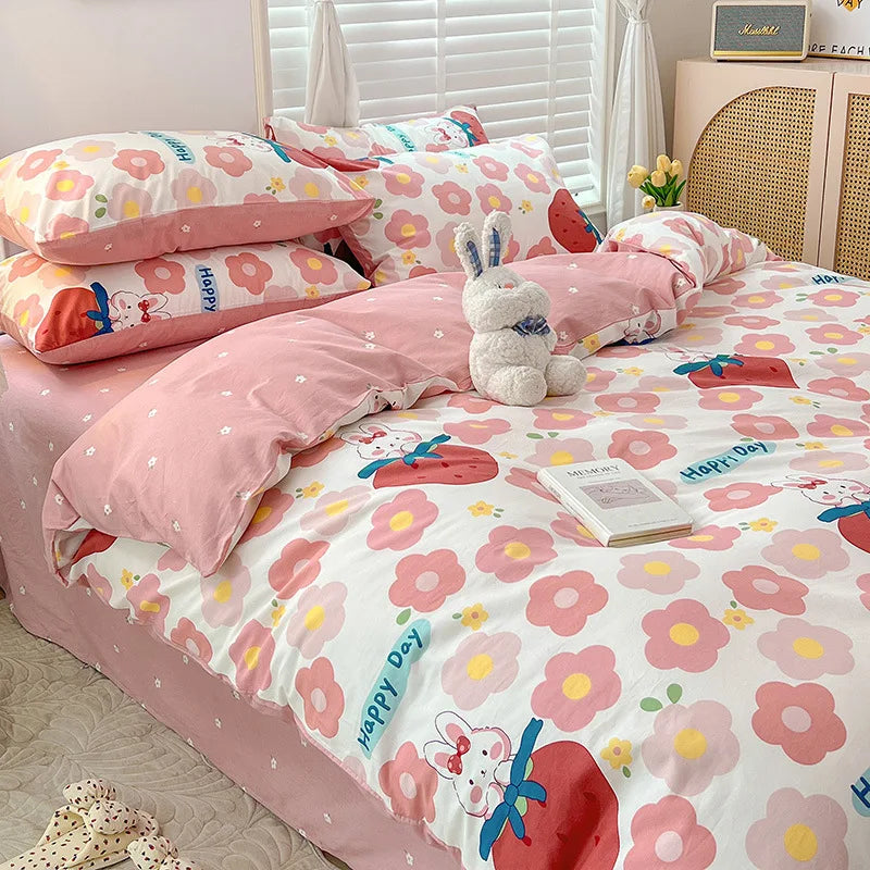 Yeknu Ins Style Bedding Set Cotton Soft Flat Fitted Sheet Duvet Cover Pillowcase Floral Rabbit Boy Girls Home Textile Bedclothes