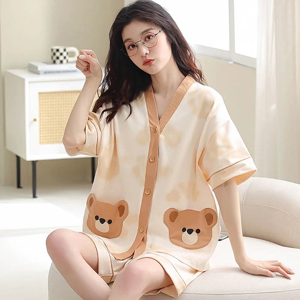 qgtao Sleepwear M-2XL 100% Cotton Trousers Sets Cartoon Print V Neck Sleepwear Summer Thin Short Sleeve Pajama Casual Comfortable Pijama Mujer