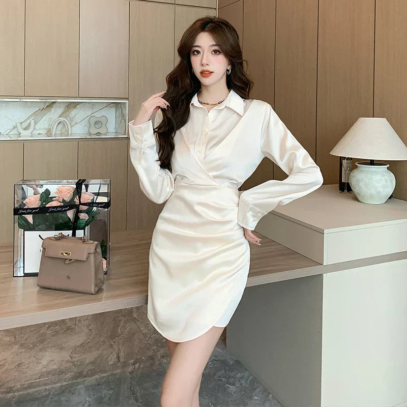 qgtao-2023 New French Vintage Sexy Satin Mini Dress for Women Long Sleeved V-neck Waist Slim Office Lady Elegant Prom Female Dresses