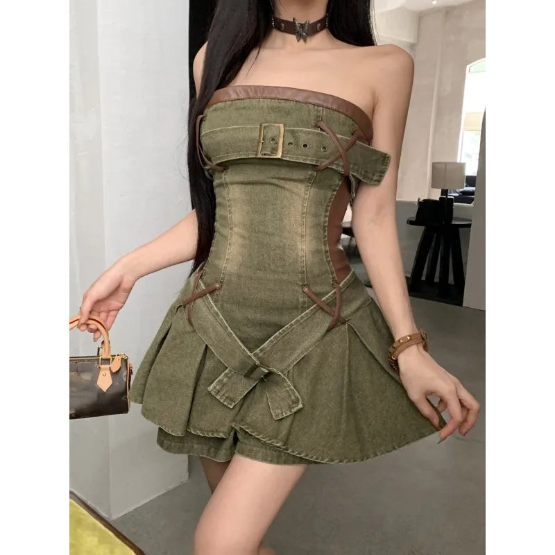 qgtao Women Pu Leather Stitching Denim A-line Mini Dress French Vintage Y2k Lace-up Dress Korean Retro Fashion Clothing