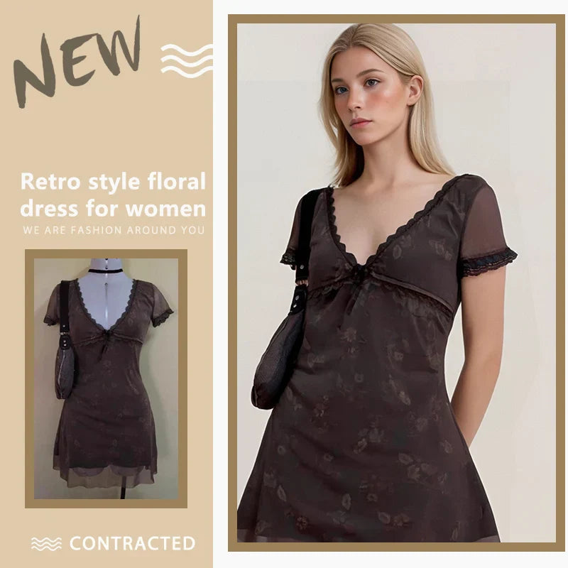 qgtao Vintage Floral Brown Dress Women's Summer 2024 Chic Sexy Elegant Fashion Ladies Casual Dress Beautiful Lace Mini Short Dresses