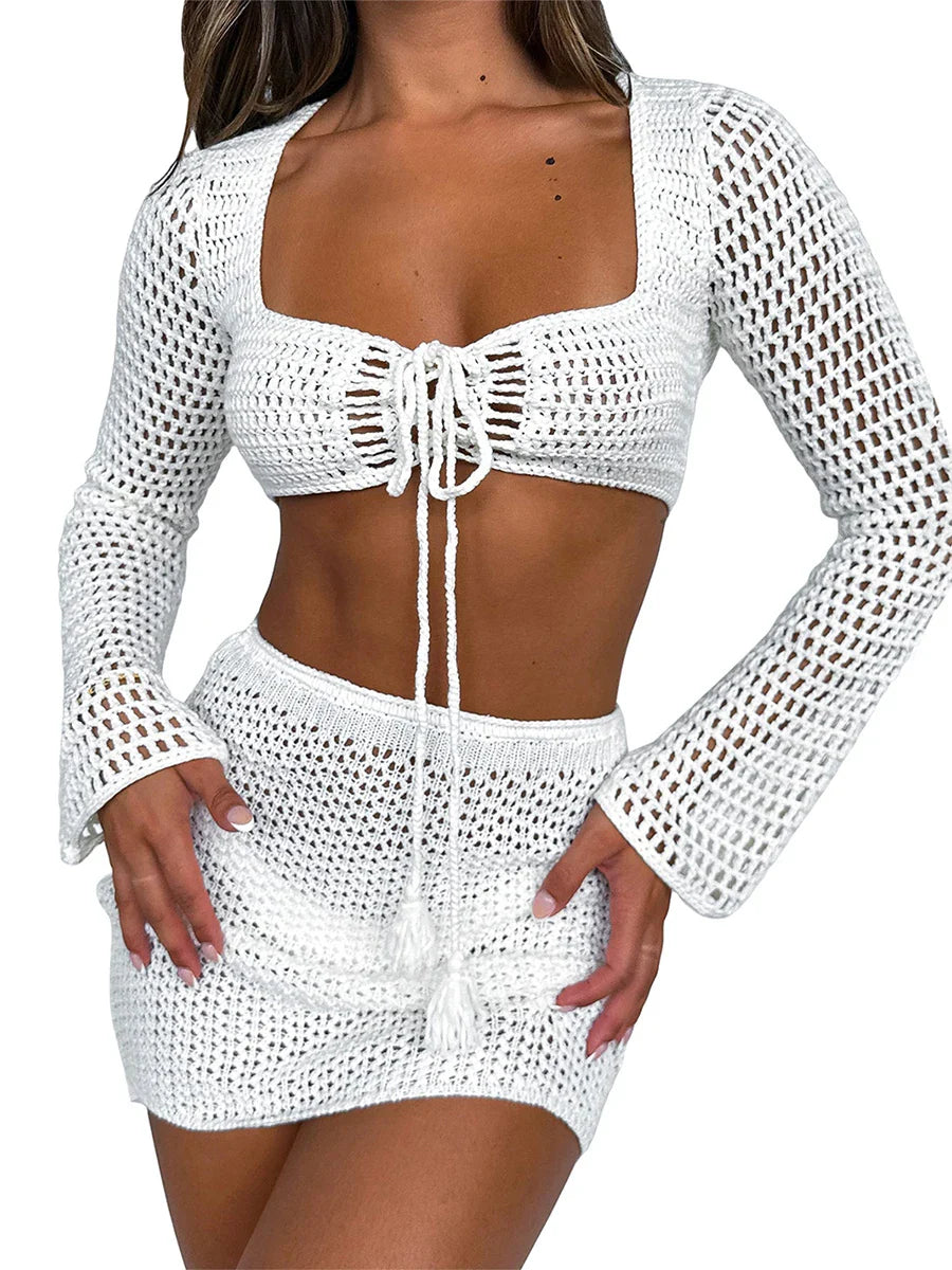 qgtao Women's Sexy Holiday Knittd Bikini Cover Up Sets Beach Hollow Out Crocheted Top + Skirt Sexy Lady See Through Beach Set