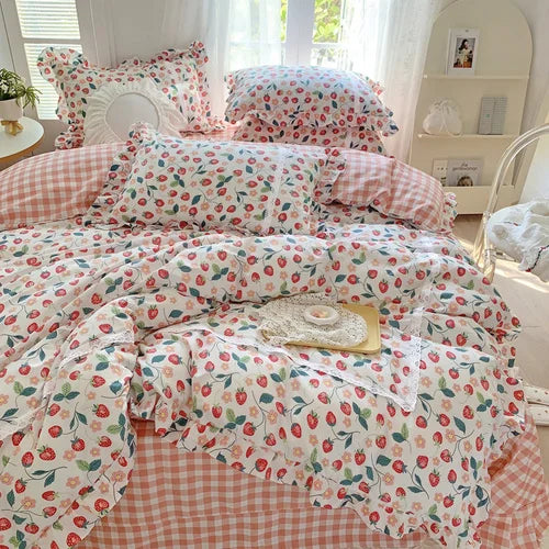 Yeknu - Lace Princess rose printed bedding set king size girl duvet cover set bedding sets elegant bed linen bed sheets and pillowcases