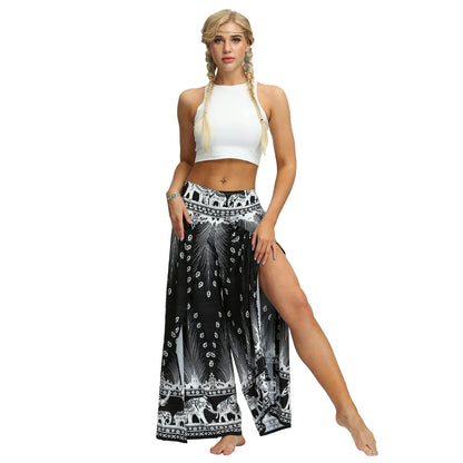 qgtao Women's High Waist Open Leg Wide Leg Pants Digital Printed Casual Plus Size Yoga Pants Women Thailand Bohemia Polyester 2024