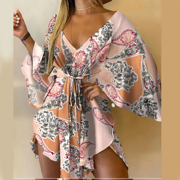 qgtao Sexy Women Autumn Mini Dress Floral Print V Neck 3/4 Bat Sleeve Lace Up Irregular Hem Casual Loose Beach Cover Up Dress