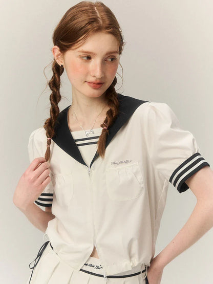 qgtao  -   Kawaii Sailor Collar Blouse Women Summer Fashion Short Sleeve White Shirt Zipper Preppy Style Aesthetics Uniform Clothes