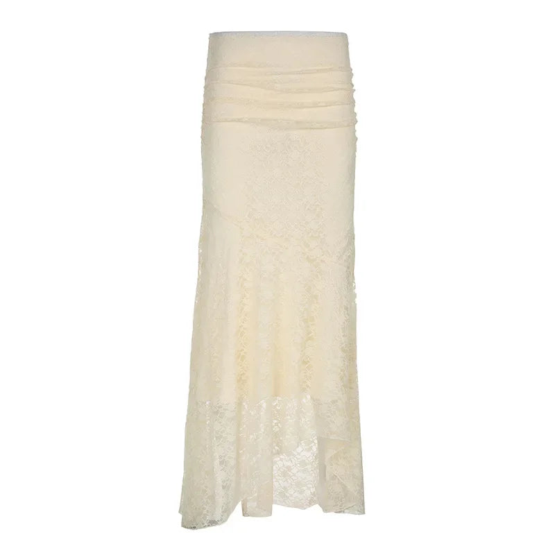 qgtao Lace Mesh Splice Long Skirts For Women 2024 See Through Sexy High Waist Maxi Skirt Femme Club Hollow Out Skirts Ladies