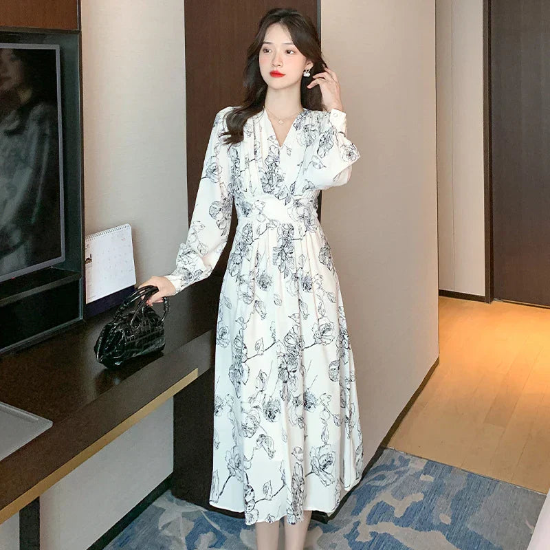qgtao-New Vintage Floral Dress for Women with Long Sleeves Office Lady V-neck Elegant Chic Ladies Slim Print Dresses Autumn Fashion
