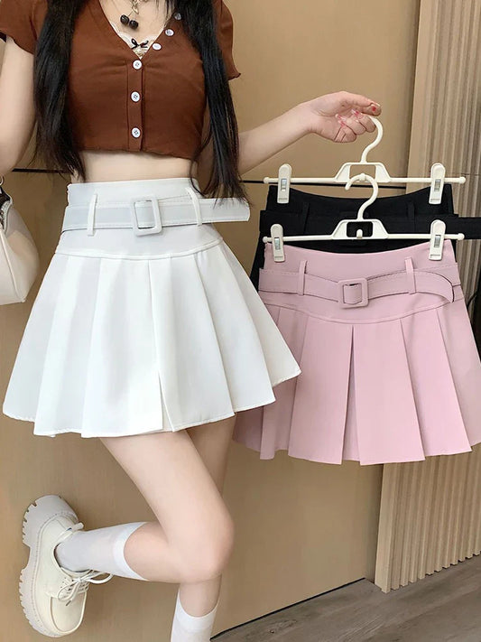 qgtao Japan Sweet Belt White Pleated Skirt Women Sexy High Waist Mini Skirt Summer Preppy Style Female Casual A Line Pink Skirt