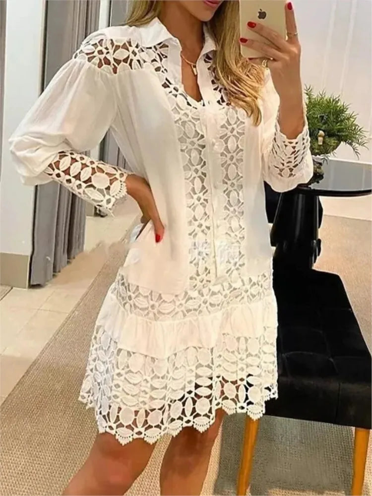 qgtao Women Lace Stitching Sexy Hollow Out And Transparent Dress Not Lined Elegant Office Spring Casual Long Sleeve White Shirt Dress