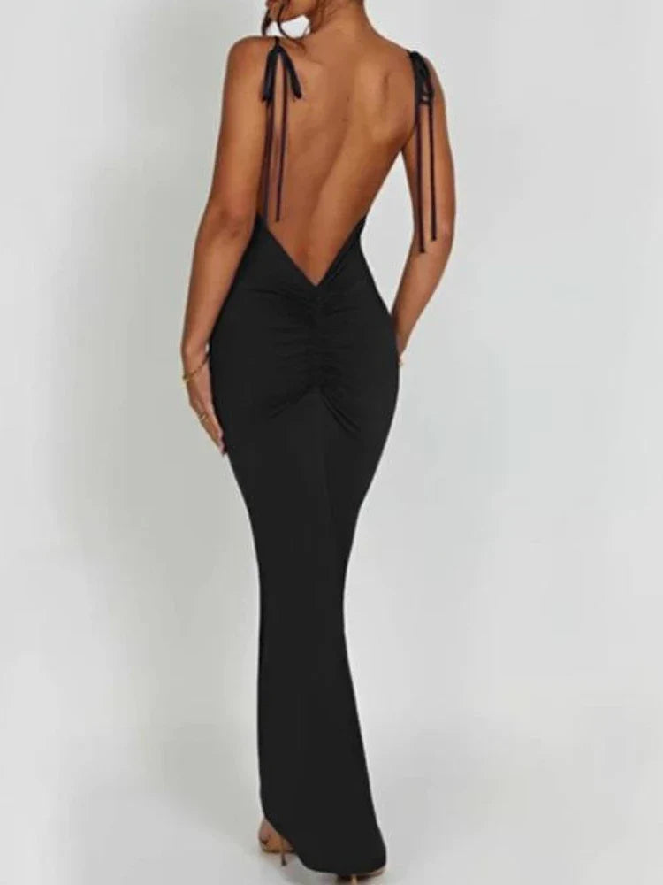 qgtao聽Elegant Deep Open Back Backless Slim Maxi Dress Women Spaghetti Strap Sleeveless Bodycon Long Dress Sexy Club Party Vestidos