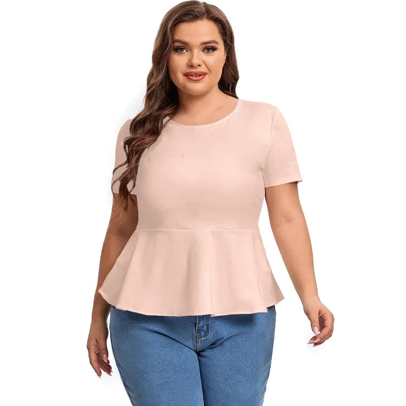 qgtao Plus Size Short Sleeve Elegant Summer Peplum Tops Women Keyhole Back Ruffle T-shirt Tee Blouse Plus Size Clothing Women 5XL 6XL