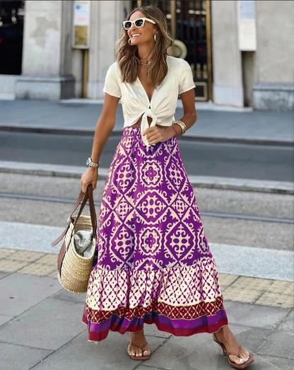 Summer Women's Half Skirt Vintage Pattern Print High Waist Loose Skirt Casual Ladies All-match A-Line Beach Long Skirts 2024