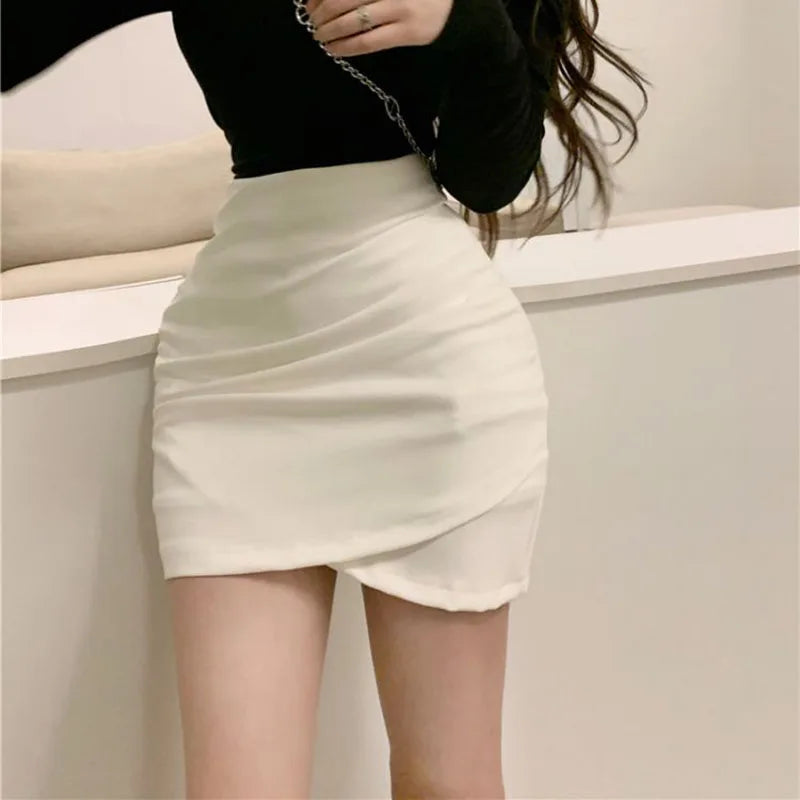 qgtao Korean Fashion Mini Skirt Women Solid High Waist Irregular Folds Hip Wrap Pencil Skirt Ladies Sexy Slim Short Skirts