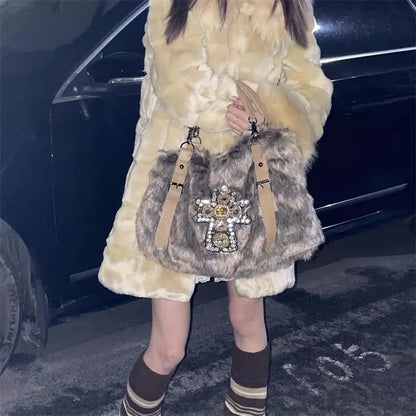 qgtao Y2k Womens Shoulder Bag Autumn and Winter Fashion Crucifixion Vintage Tote Bag Harajuku Rhinestone Large Capacity Handbag