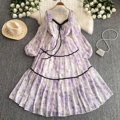 qgtao Elegant Floral Printed Midi Dresses for Women Lantern Sleeves Square Collar A-line Birthday Party Dress Autumn New Prom Robe