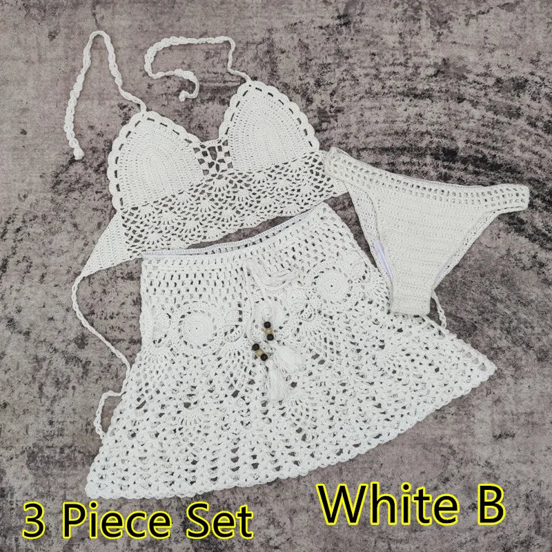 qgtao 2/3 Piece Set Hand Crochet Florens Bikini Women Sexy Beach Skirt Boho Style Elastic Waistband