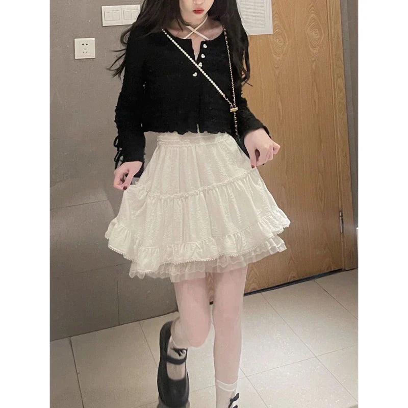 qgtao Kawaii Ruffle White Short Skirt Lace Lolita Elegant Mini Skirts Layered Solid Sweet Elegant Japanese Style Casual Skirt