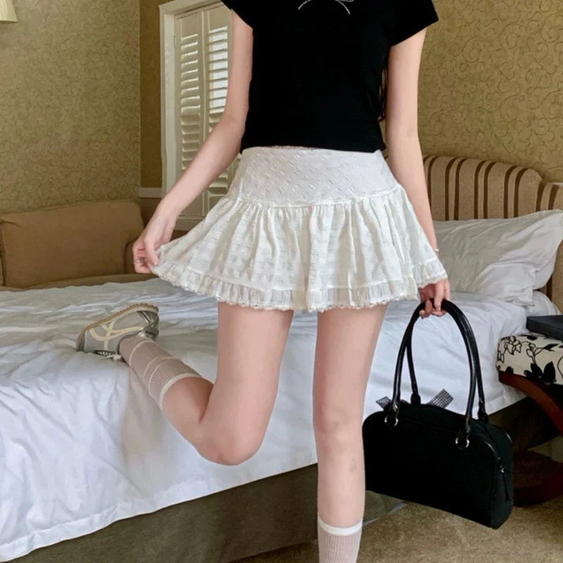 qgtao Ruffle Lace Mini Skirt White Fairycore Sweet Korean Style Layered Tulle Short Skirts Cute Casual Texture A-line Skirt