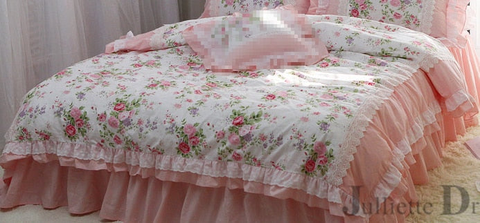 Yeknu Romantic Ruffle luxury duvet cover rose print bedding king duvet cover lace bed set princess cotton quilt cover duvet set queen