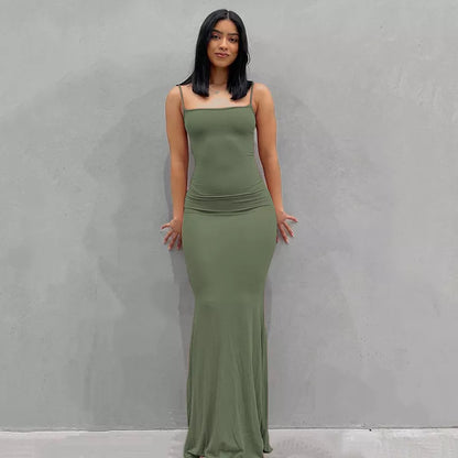 qgtao聽 2024 New Sexy Long Dresses Daily WearWomen Sleeveless Fish Tail Dress, Solid Color Spaghetti Strap Bodycon Long Skirt