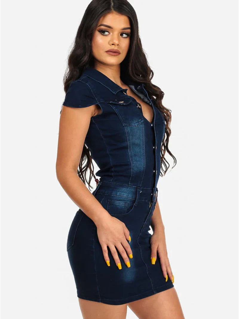 qgtao Vintage Denim Mini Dress Women Summer Clothes Short Sleeve Turn Down Collar Bodycon Dresses Sexy Party Club Jeans Dress Vestidos