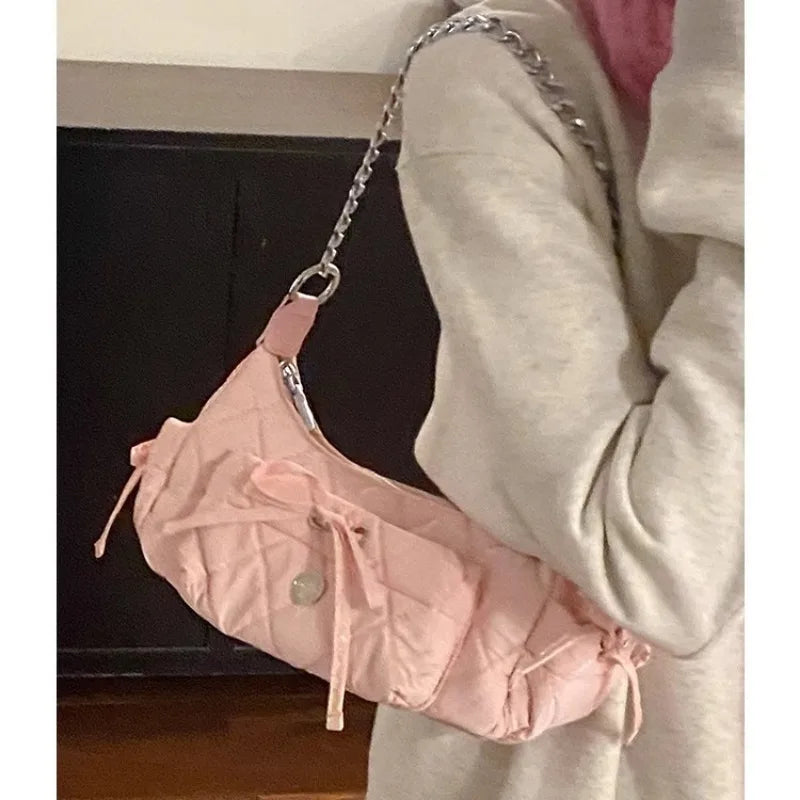 qgtao Elegant Pink Shoulder Bag for Women Summer Fashion Leather Casual Cute Handbag Chains Hot Girls Daily Gentle Armpit Bag