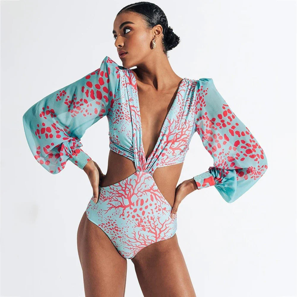 qgtao Women's V Neck Print Cutout One Piece Swimsuits 2024 Sexy Bikini Set Long Sleeve Swimwear Monokini Luxury Bathing Suit Beachwear