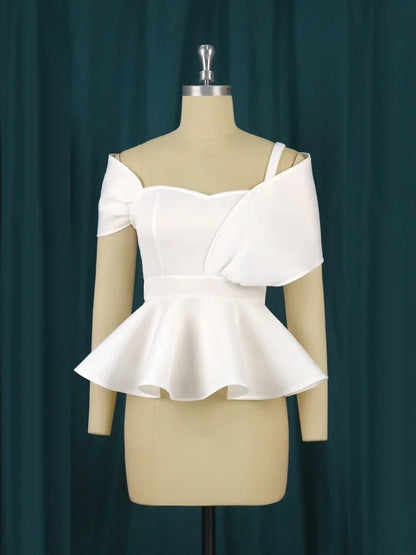 qgtao White Tops Off Shoulder Spaghetti Strap Peplum Blouses Sexy Women Party Fashion Plus Size Evening Cocktail Shirts Bluas