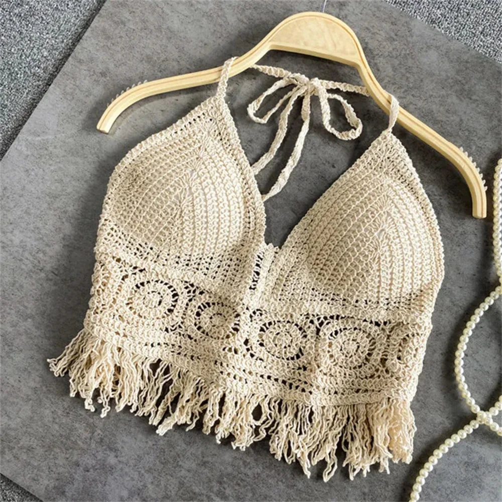 qgtao Sexy Hollow Out Underwear Women Summer Beach Short Tank Top Women Sweet Knitted Bra Tassel Women Short Top Debardeur Femme