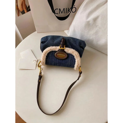 qgtao Western Cowboy American Underarm Denim Bag Fashion Retro Lamb Wool Splice Autumn Winter Crossbody Bag Women Pop New Shoulder Bag