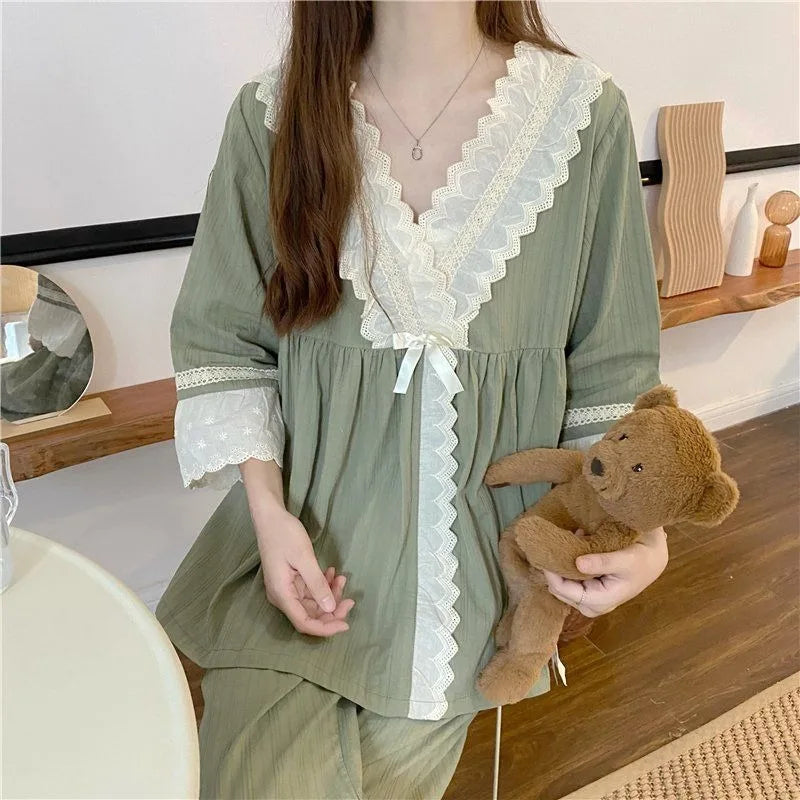 qgtao 2024 New Pajamas for Women Solid Color Sweet Loose Sleepwear Pullover Homewear Set V-neck Lace Contrasting Colors Loungewear