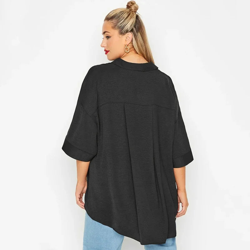 qgtao Plus Size V-neck Spring Autumn Elegant Hi Low Blouse Women Loose 3/4 Sleeve Black Tunic Tops Large Size Blouse And Tops Shirt 6X