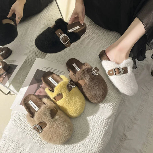 qgtao New 2024 Winter Warm Plush Slippers for Women Closed Toe Faux Fur Cotton Shoes Woman Fashion Buckle Lightweight Flat Mules Shoes