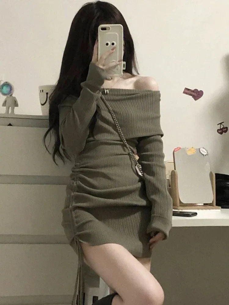 qgtao Winter Sexy Knitted Mini Dress Women Korean Fashion Elegant Irregular Design Dress 2024 Autumn Casual Party Bodycon Dress New In