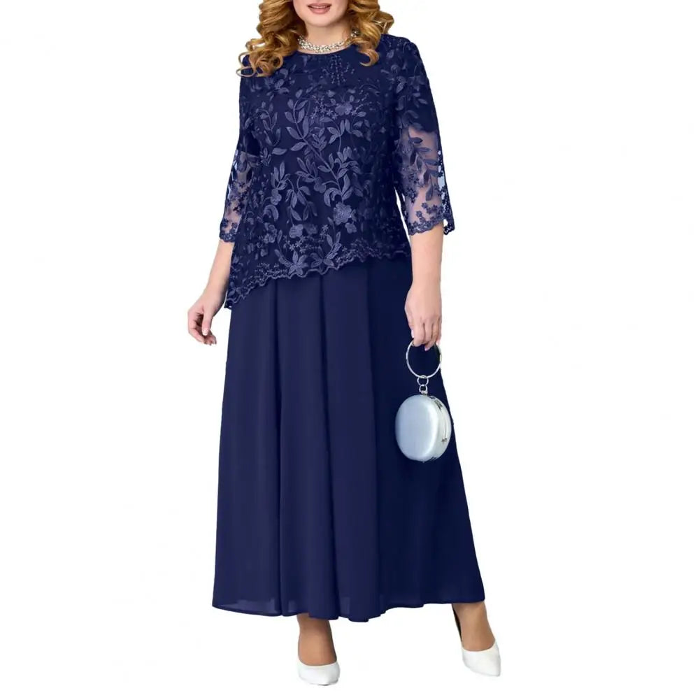 qgtao Plus Size Long Dress Elegant Plus Size Maxi Dress with Flower Embroidery Lace Detail Three Quarter Sleeve O Neck Fake Two-piece