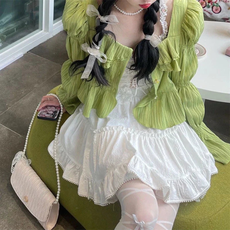 qgtao Kawaii Ruffle White Short Skirt Lace Lolita Elegant Mini Skirts Layered Solid Sweet Elegant Japanese Style Casual Skirt