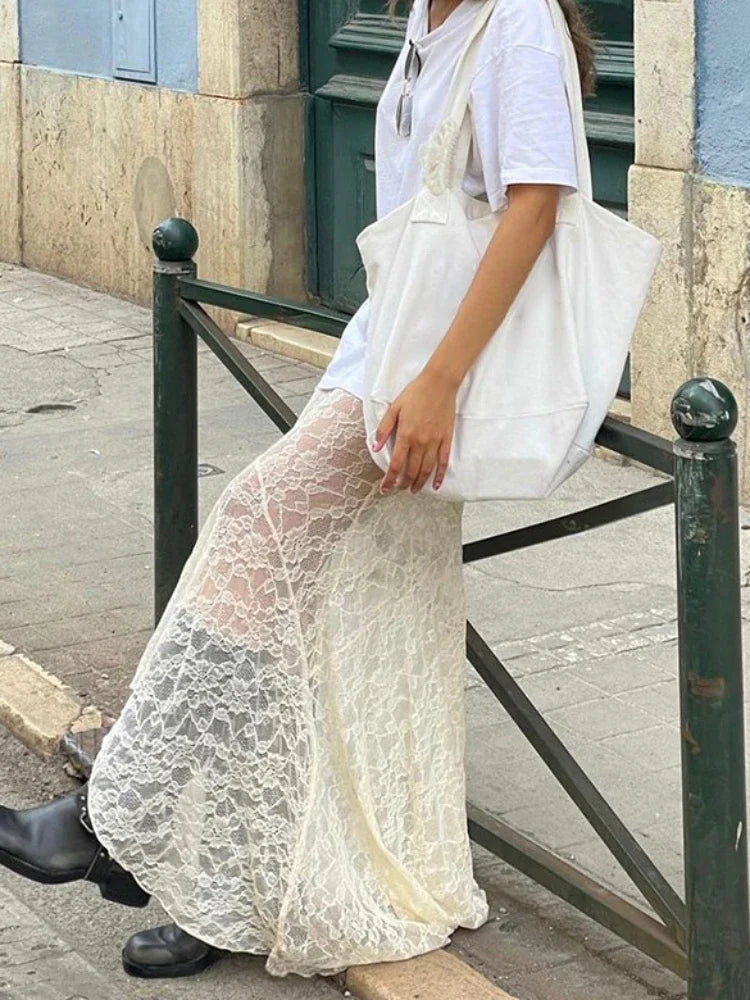 qgtao Lace Mesh Splice Long Skirts For Women 2024 See Through Sexy High Waist Maxi Skirt Femme Club Hollow Out Skirts Ladies