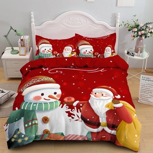 Christmas Day Queen Duvet Cover Set Father Christmas Snowman Pattern King Size Bedding Set New Year Decor Bed Sets Decorative