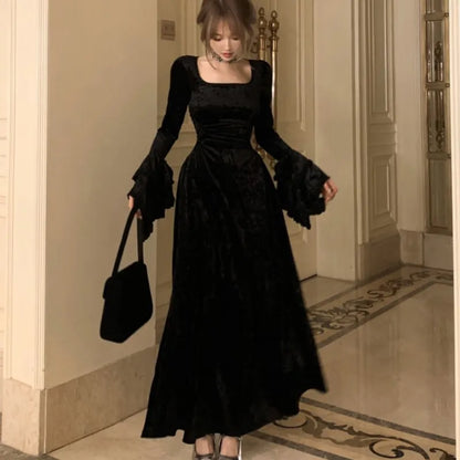 qgtao Y2K Velvet Long Dresses for Women Flare Sleeve Square Collar Slim Waist A-line Autumn Winter Evening Party Prom Robe Vestidos