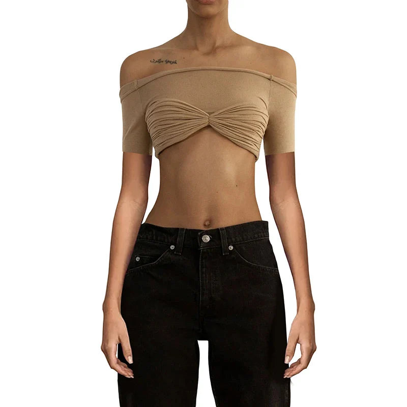 Mozision See Through Mesh Crop Top Women Pullovers Strapless Short Knit Cropped Tops Ladies Tee Shirt Sexy Off-shoulder T-shirt